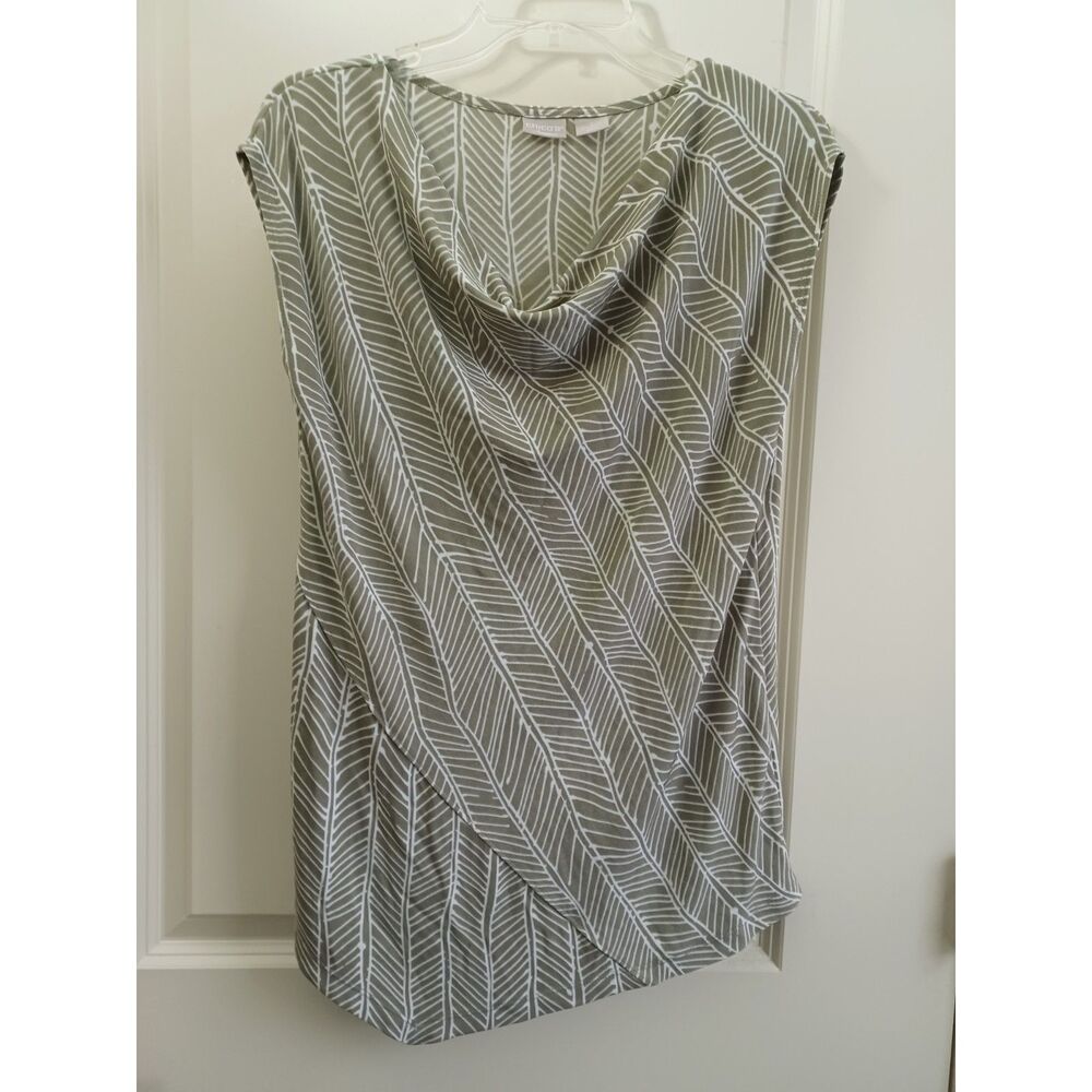 Chicos Travelers Top M Sleeveless Drape Neck Slinky Liquid Knit Green Beige